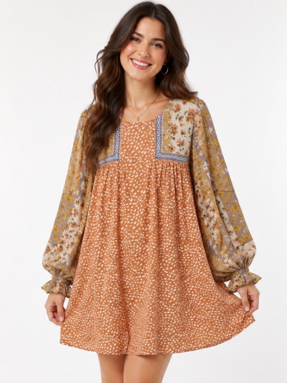 Shop The Mint Boho Patchwork Floral Long Puff Sleeves Mini Dress Size Small